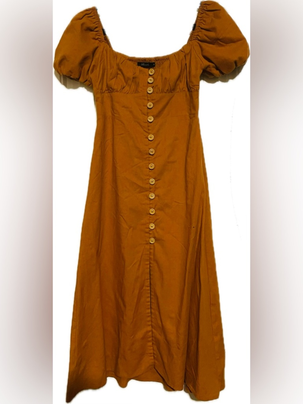 Deluc Rust Puff-Sleeve Button-Front Maxi Dress